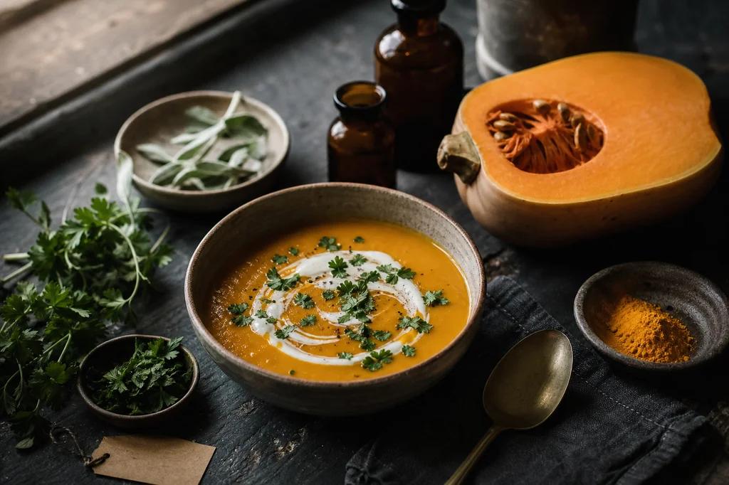 A stoneware bowl of orange squash soup topped with herbs, beside a halved butternut squash and a small dish of turmeric