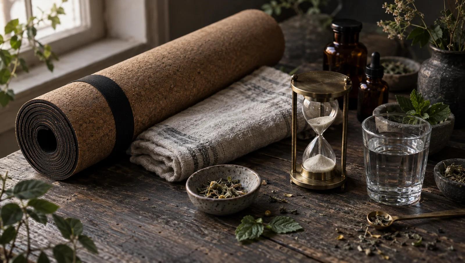 A rolled yoga mat, a folded towel, a small hourglass and a glass of water on a wooden table in soft window light