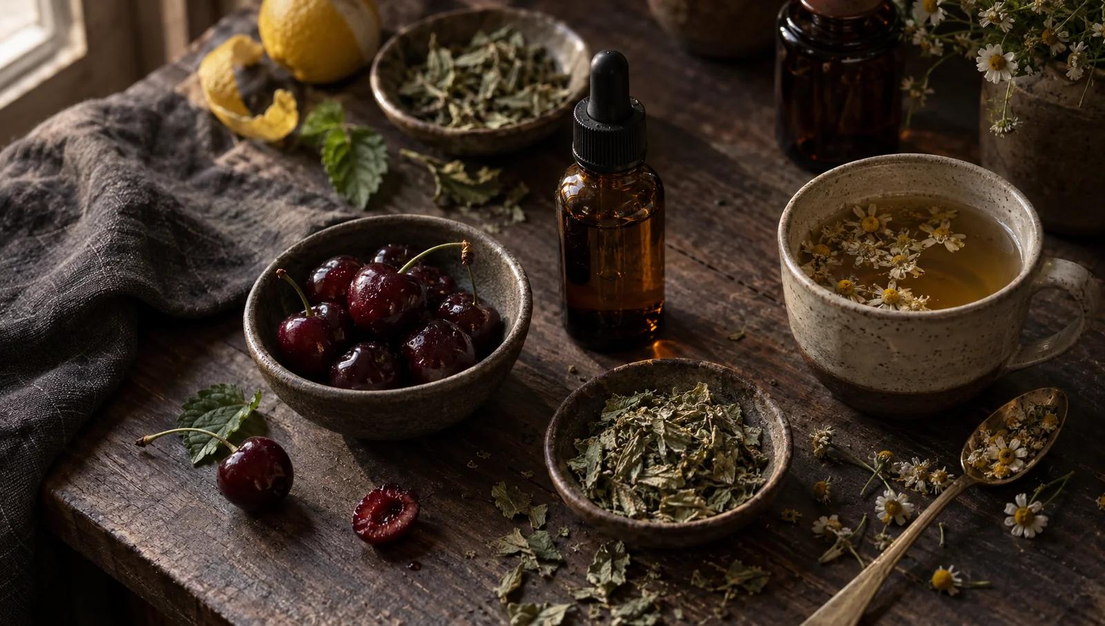 A small amber dropper bottle beside a bowl of tart cherries, dried lemon balm leaves and a cup of chamomile tea on a wooden table