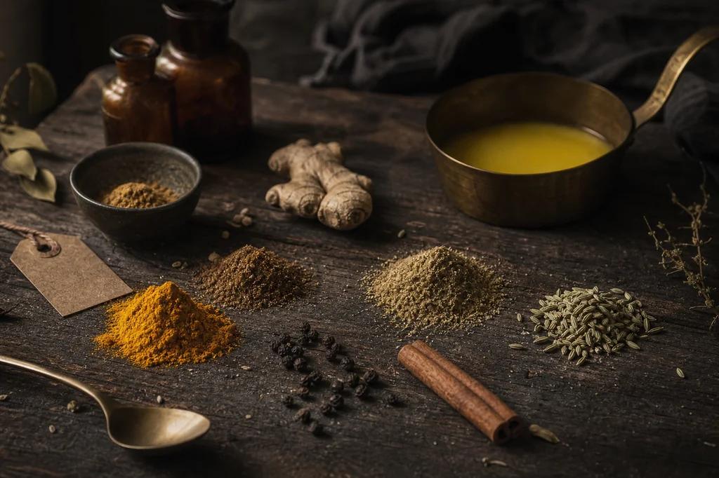 Small heaps of ground turmeric, cumin, coriander and fennel beside a brass spoon and an amber glass jar