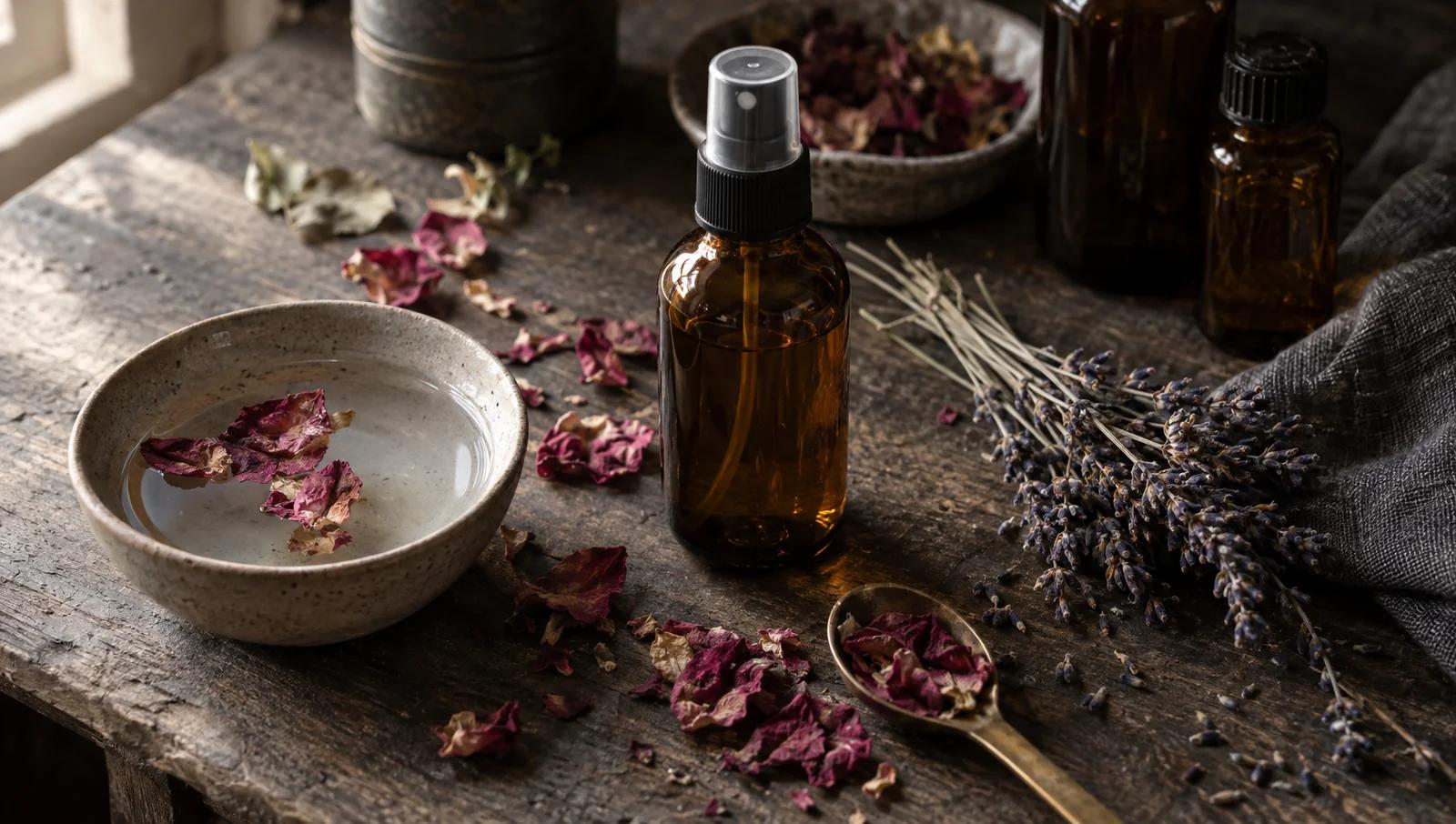 An amber glass spray bottle beside dried rose petals, a sprig of lavender and a small ceramic dish of water
