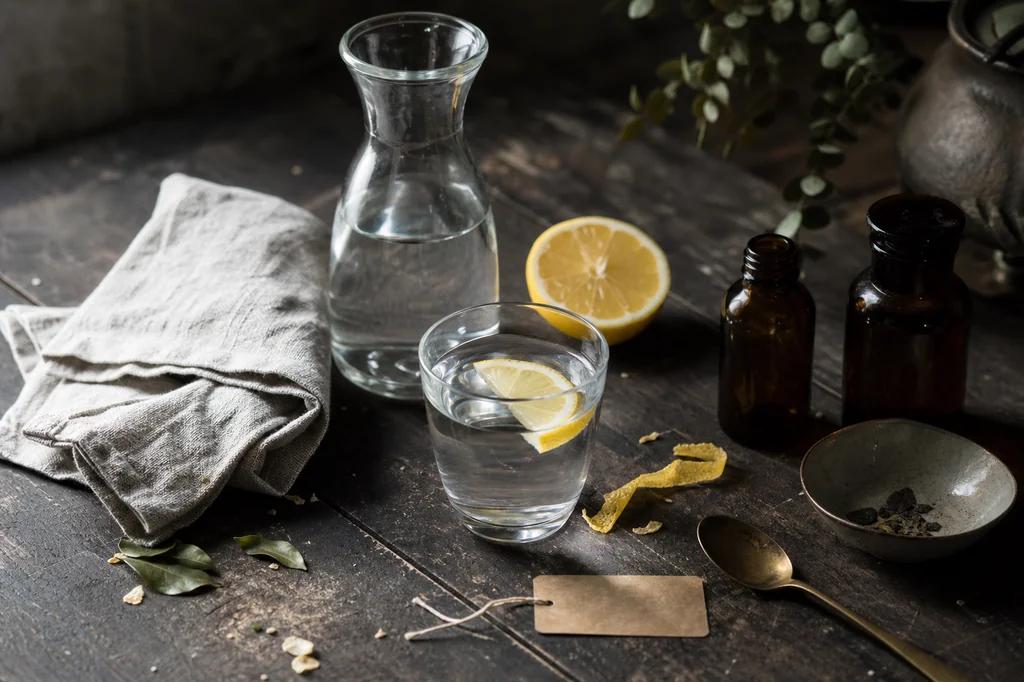 A glass of water with a lemon wedge beside a folded linen cloth on a dark wooden table