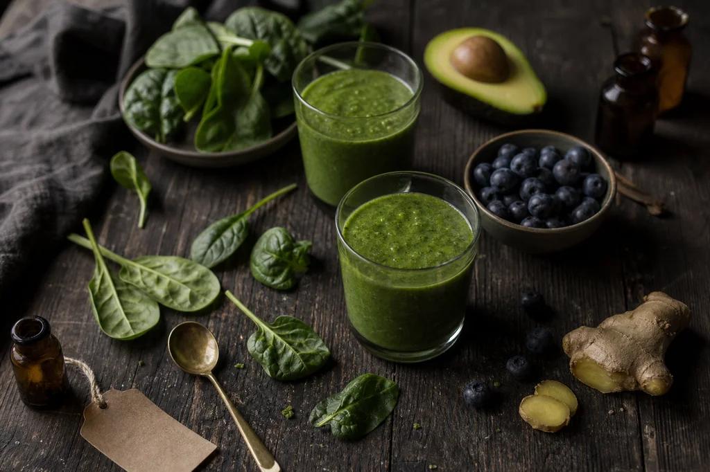 Two glasses of green smoothie beside spinach leaves, a halved avocado, blueberries and a knob of ginger